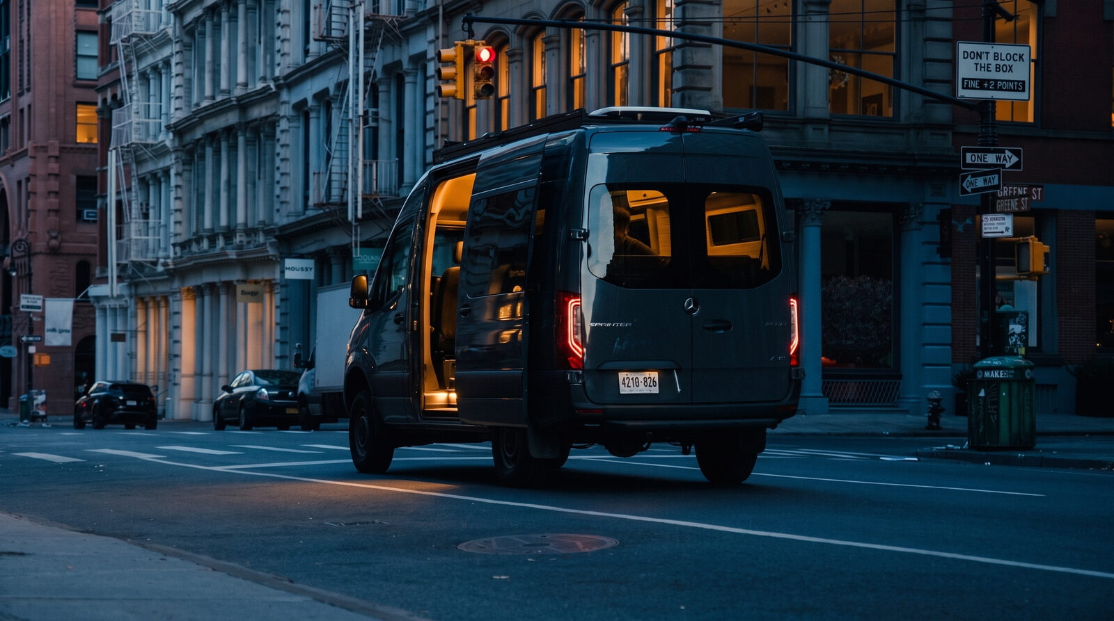 Custom mobile van build parked on a city street at dusk