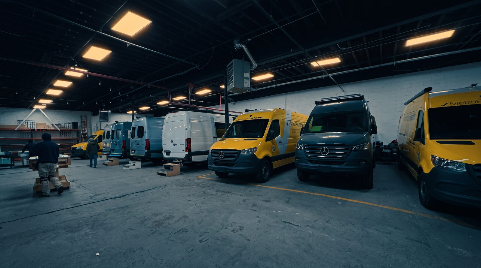 The Brooklyn workshop with a fleet of Sprinter builds in production