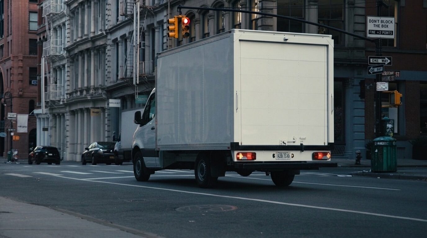 14-foot walk-in Unicell box truck on a SoHo street at dusk